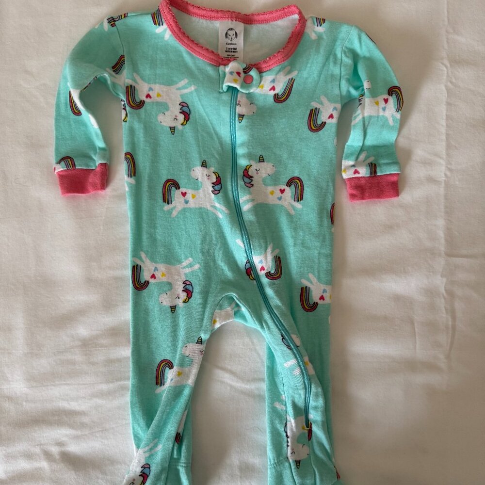 Gerber's 3 months teal with unicorns zip up footed sleeper